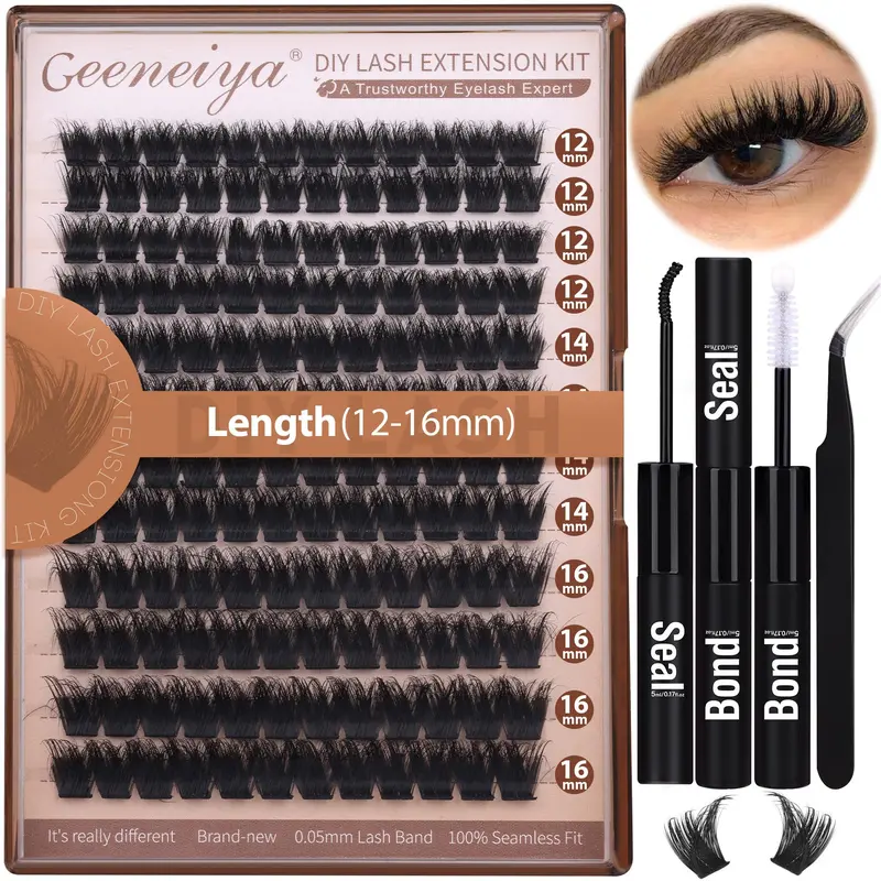 【Stack Spikes】Geeneiya 200D Lash Extension Kit Eyelash Extension Kit Thick Volume Lash Clusters Kit Wispy DIY Individual Eyelashes Kit with Lash Bond and Seal, Lash Applicator (D Curl, Faux Mink)