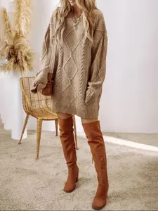 Women's Casual Loose-Fitting Knit Dress, Winter New Thickened Warm Sweater Skirt, Fitted Plain Style, Fall & Winter Fashion, Knitwear