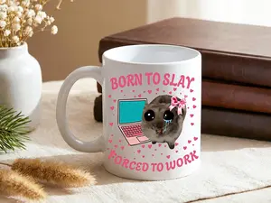 Born to Slay Forced to Work Mug, Funny Sad Hamster Laptop Meme, Cute Pink Hearts Coffee Cup, Work Humor Gift, Girlypop Y2K Gen Z Office Mug