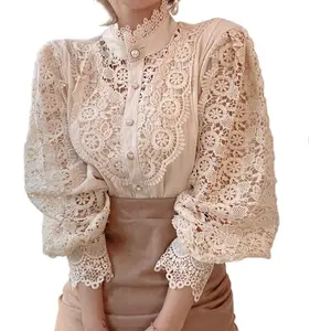 Women's Victorian Patchwork Trim Blouse - Chic, Elegant Long-Sleeve Button-Down Fitted Puff-Sleeve Polyester Clothes, Casual Boho Breathable Basic Black/White Classy Womenswear Top