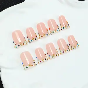 10 square handmade nail tips, Y2K Baddie style, set with diamonds, colored diamonds, white, nail art, French edge design, suitable for women and girls' nail products, parties, weddings, excellent gifts, shiny nails for daily wear, including toolkits