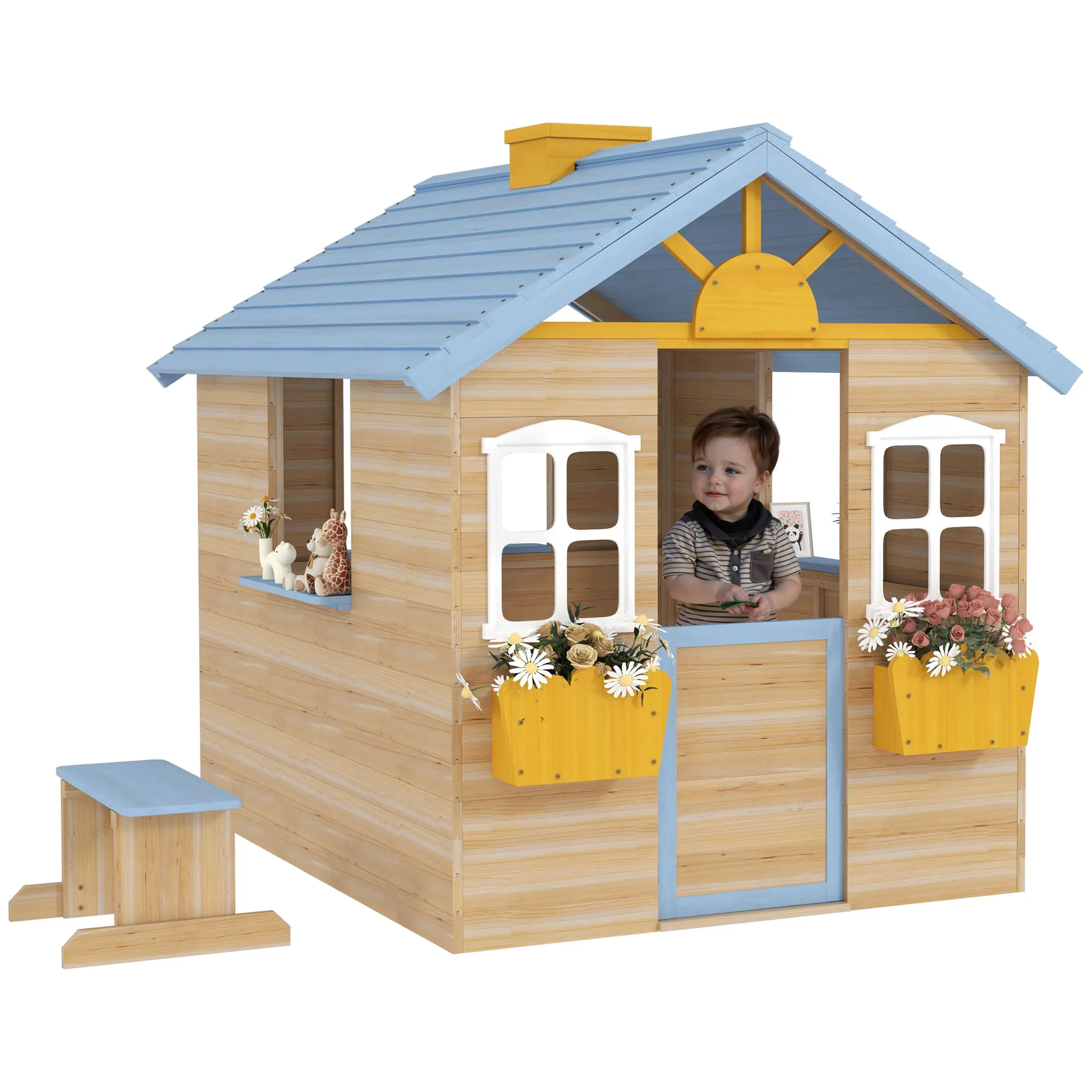 Outsunny Playhouse for Kids Outdoor, Country Style Wooden Playhouse with Flower Pot Holders, Working Door, Windows, Service Stations for 3-7 Years