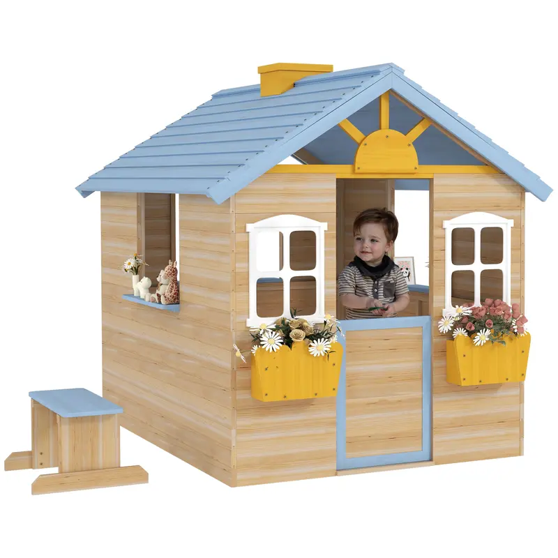 Outsunny Kids' Outdoor Country-Style Wooden Playhouse with Playhouse Design, Flower Pot Holders, Working Door, Windows, Service Stations for 3-7 Years