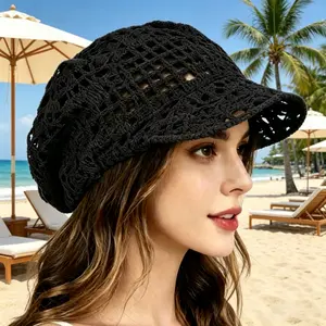 European and American Style Women's Spring/Summer Hollowed-Out Crochet Baseball Cap Ethnic Beanie Breathable Mesh Slouch Short-Brimmed Hat