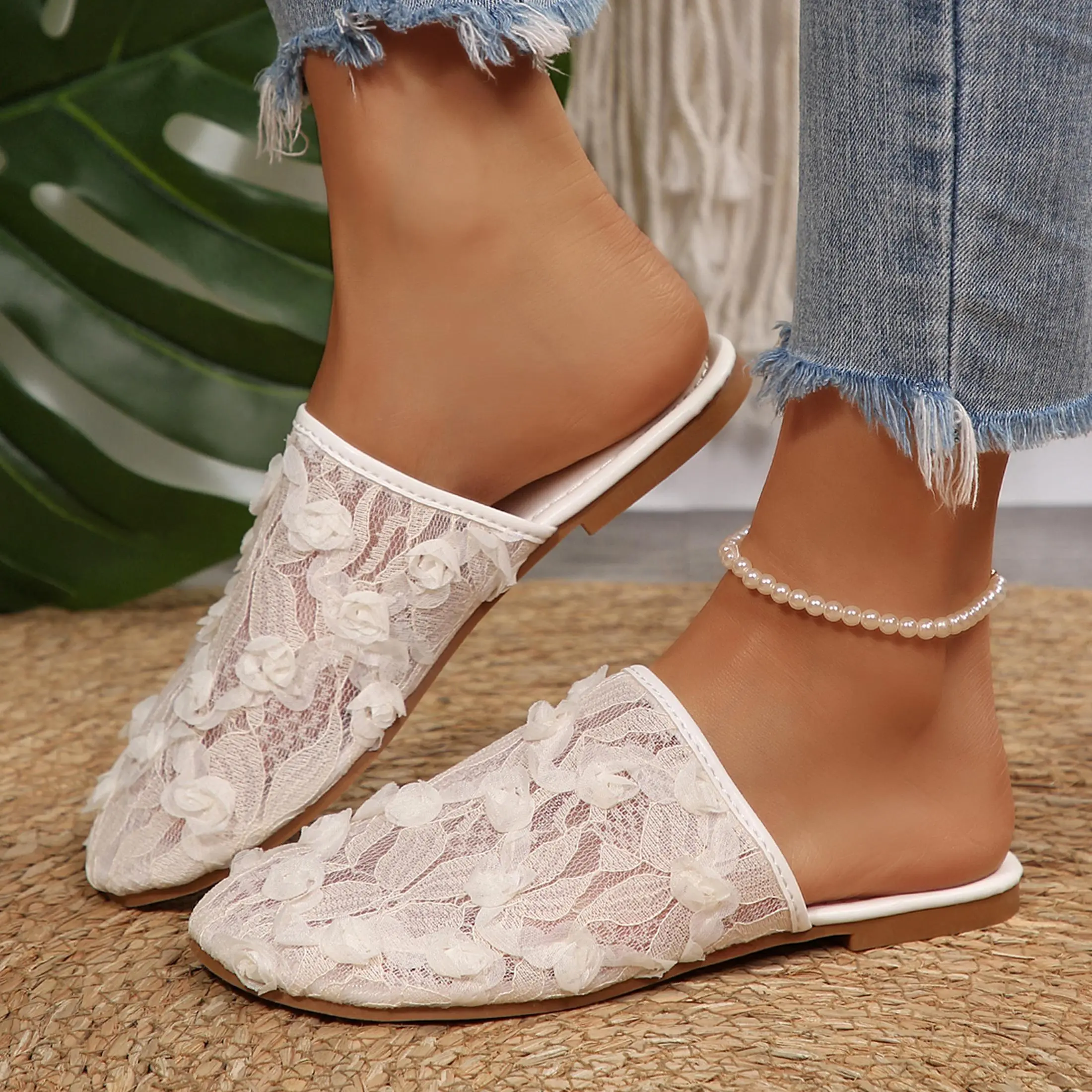 Women's Lace Floral Mules Flat Backless Slippers Bridal Shoes for Wedding Bachelorette Party Bridal
