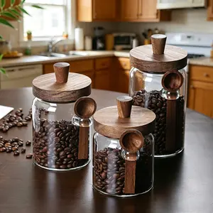 Eco-Friendly 3-Piece Honey Pot Set Airtight Glass Coffee Jar with Wooden Lid & Spoon for Fresh Storage of Coffee Beans Sugar Snacks Minimalist Pantry Decor Ideal for Home Use Mother's Day gift Containers,candy jar