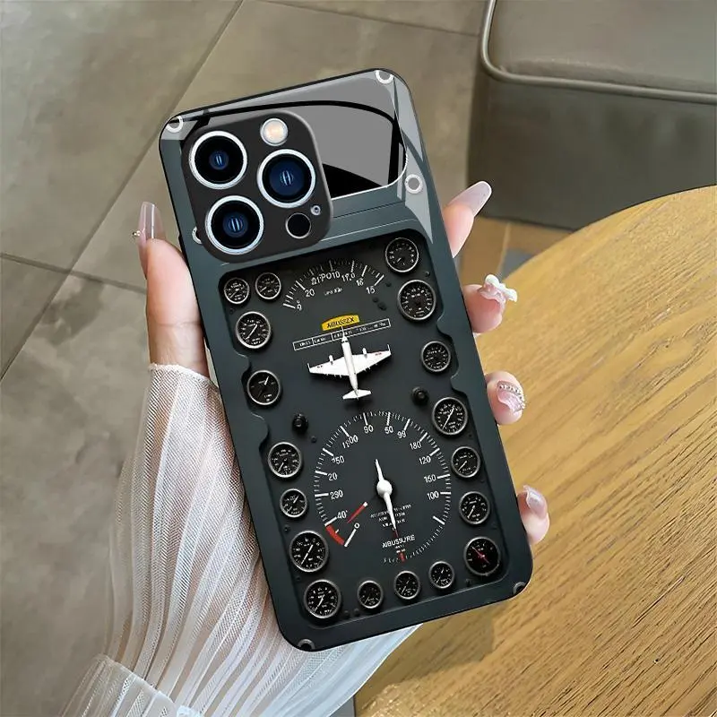 Aviation Theme Glass Smartphone Casing, Unique Aircraft Design Cellphone Accessory for iPhone 15 Pro - Handheld Phone Case.666