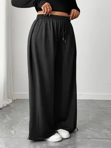 Women's Plus Size Casual Loose-Fit Elastic Waist Drawstring Pocket Pants, Casual Sporty Trousers, Wide Leg Sweatpants, Fall Winter Fashion Joggers, Sports Bottoms, Comfortable Ladies Sportswear