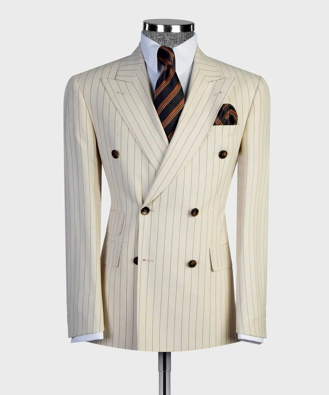 Warm Ivory & Brown Pinstripe Double-Breasted Suit