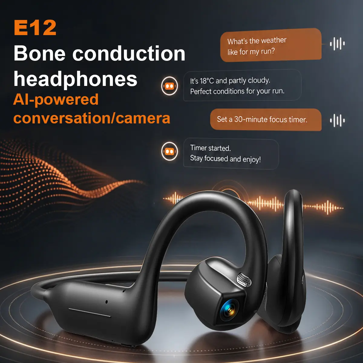 E12 Bone Conduction Camera Headset, AI Smart Conversation Open-Ear Bluetooth Earphones, Supports HD Video Recording & Voice Recording, Real-Time Translation via App, Ideal for Daily Life Recording, Cycling and Travel.