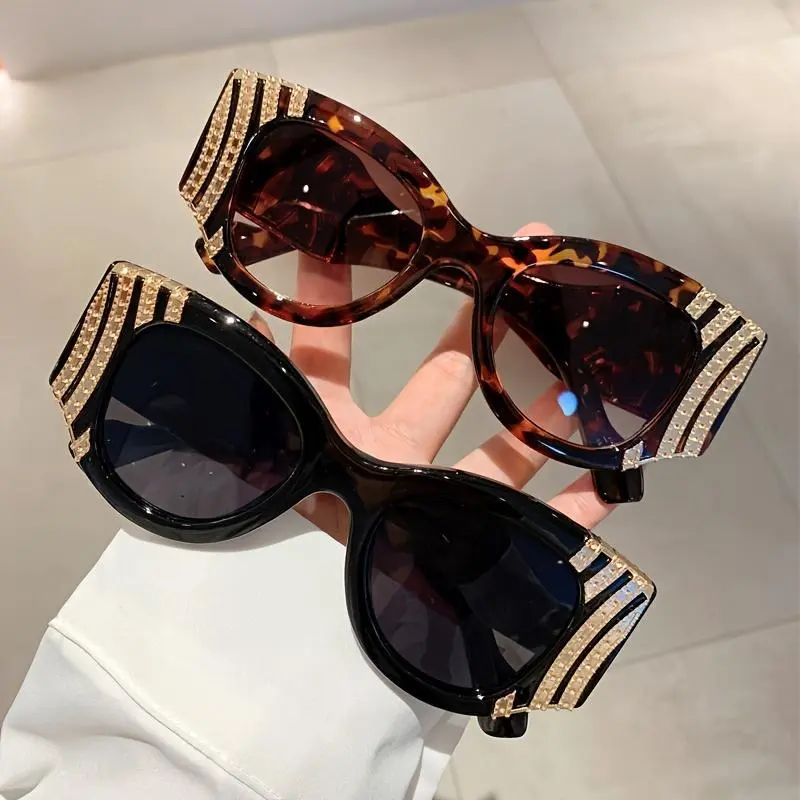 Women’s Oversized Cat Eye Glasses – Trendy Internet Celebrity Punk Style Shades with Metallic Accents, Two-Tone Brown/Black Frame, Gradient Flat Mirror Lens, Bold Unisex Fashion for Daily & Streetwear