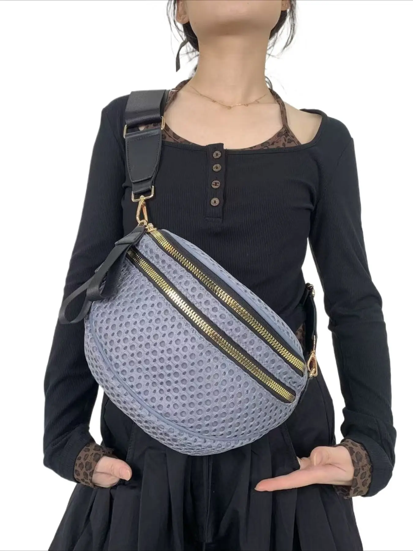 Ladies' fashionable mesh lightweight chest bag, semi-circular casual sports running crossbody bag, multi zipper large capacity, portable wide shoulder strap bag for daily use, Zipper Fanny Pack, Zipper Belt Bag