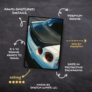 "GODZILLA GLOW" 8x10 FRAMED Sketched Whips Classic Cartoon Cars Print with Black Frame Premium Quality Nostalgic Art for Car Enthusiasts Decor Decoration Glossy Raw Wall Artistic Ornaments Photo Room