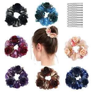 7 Pieces Stretchy Mesh Rose Flower Hair Scrunchies, with 10pcs 5cm U-shaped clips, Ponytail Holders Floral Hair Ties Bands Elastics Accessories for Women Girls tiktokshopspringglowup