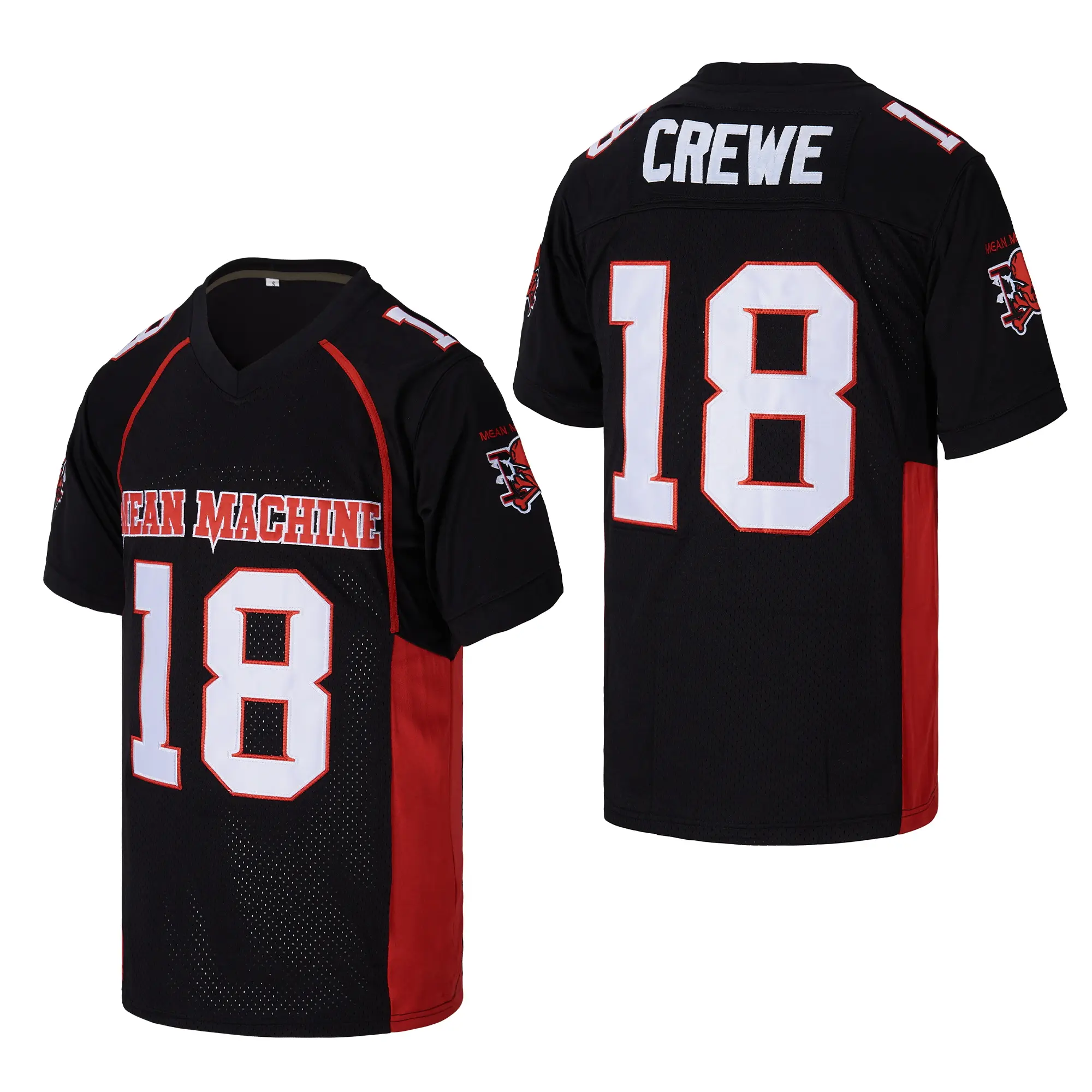 Male Loose-Fitting Sporty Chic Mean Machine #18 Stitched V-Neck Mesh Fabric Sports Jersey - Black-Red Color Block Short-Sleeve Uniform with Bold Number Print, Breathable Custom Mascot Graphic Patches for Theme Parties, Streetwear