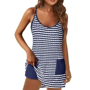 Women's Striped Spaghetti Strap Mini Dress, Casual V-Neck Textured Dress with Pockets, Soft Sleeveless Tunic Dress for Summer Beach Loungewear, Versatile Cute Dress for Daily Vacation Shopping