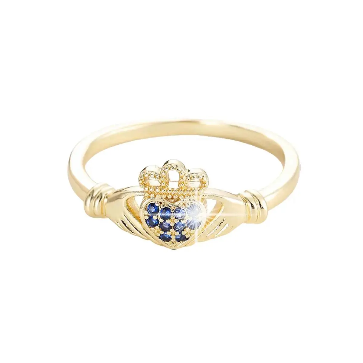 Women's Gold Plated Claddagh Ring - Blue CZ Heart Crown Promise Ring, Gold-Tone Statement, Heart-Shaped Metallic, Ornate Romantic Engagement Jewelry, Gold-Tone Statement Rings, Heart-Shaped Metallic Rings Crown Pinky Ring