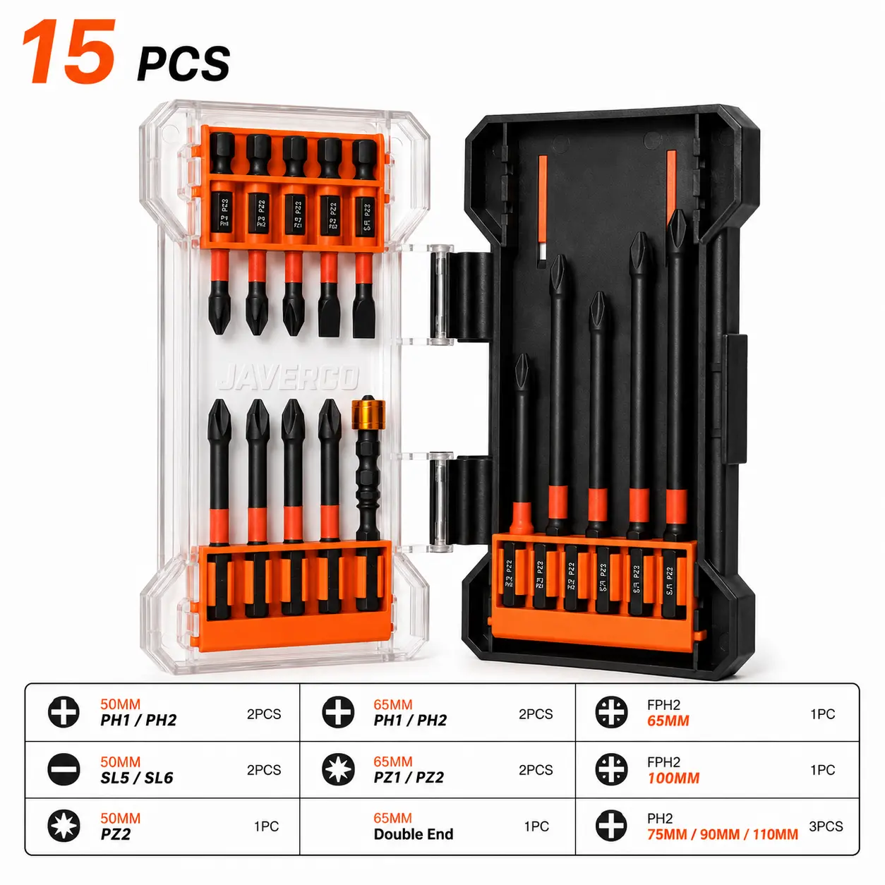 JAVERCO 15-Piece S2 Steel Screwdriver Bit Set, 1/4" Hex Shank Driver Bits with Magnetic Sleeve, PH PZ Slotted Bits for Home Repair, Furniture Assembly & DIY