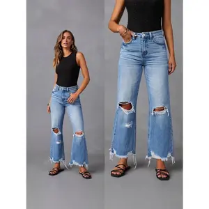 2025 New Europe and America Cross Border Ripped Tassel Jeans Women's Clothing Personality Street High Waist Straight Casual Wide Leg Long