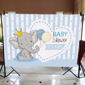 7*5 Feet Baby Boy Shower Backdrop Cute Blue Stripe Prince Balloon Elephant Cartoon Photography Background White Heart Decoration Props Photo Party Shoot Vinyl Cloth