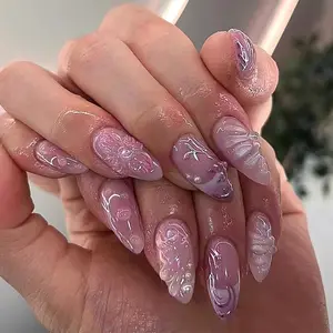Plants Pattern Fake Nail, 24pcs/set Glossy False Nail with Nail File & Nail Adhesive Stickers, Press on Fake Nail for Women & Girls DIY Nail Art, Flower Nails