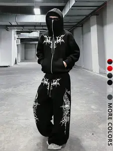 Unisex Gothic Style  Gothic rune graphic pattern zip-up balaclava fitted hoodie and wide-leg trouser suit, Outfit, Streetwear Dark Fashion, Suitable for Motorcycle Travel, Skiing, Outdoor Sports, Couples' Wear