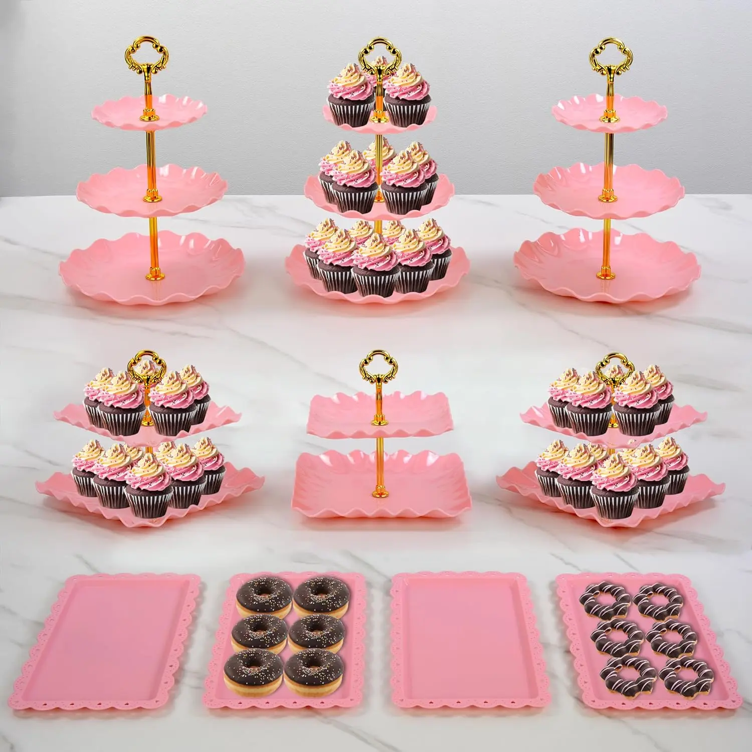 Pack of 10  Cake Stand, Cupcake Stand, with 3X Two-Tier Cupcake Stands, 3X Three-Tier Cupcake Stands, 4 x Appetizer Trays  for Birthday  Bridal Shower Party (Pink)