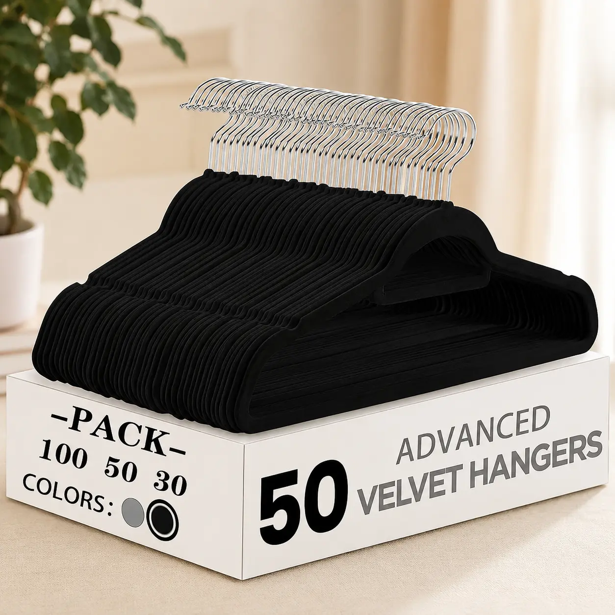 Set of 30/50/100 Premium Velvet Non-slip Hangers with Tie Bar, 360° Swivel Hook, Space-saving Clothed Organizer for Wardrobe and Laundry, Durable Indoor & Outdoor Use