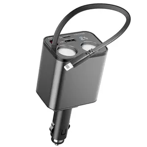 5-in-1 Multi-Port Car Power Adapter, 2.6ft Retractable Fast Charging Cord Cigarette Lighter Splitter with Dual Socket Ports, Compatible with iPhone 14/13/12/11 Series & Other USB-Powered Gadgets
