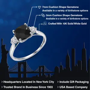 Gem Stone King 10K White Gold Black Onyx and White Moissanite 3-Stone Engagement Ring For Women | 1.73 Cttw | Cushion 7MM | Wedding Engagement Anniversary Promise Ring For Women