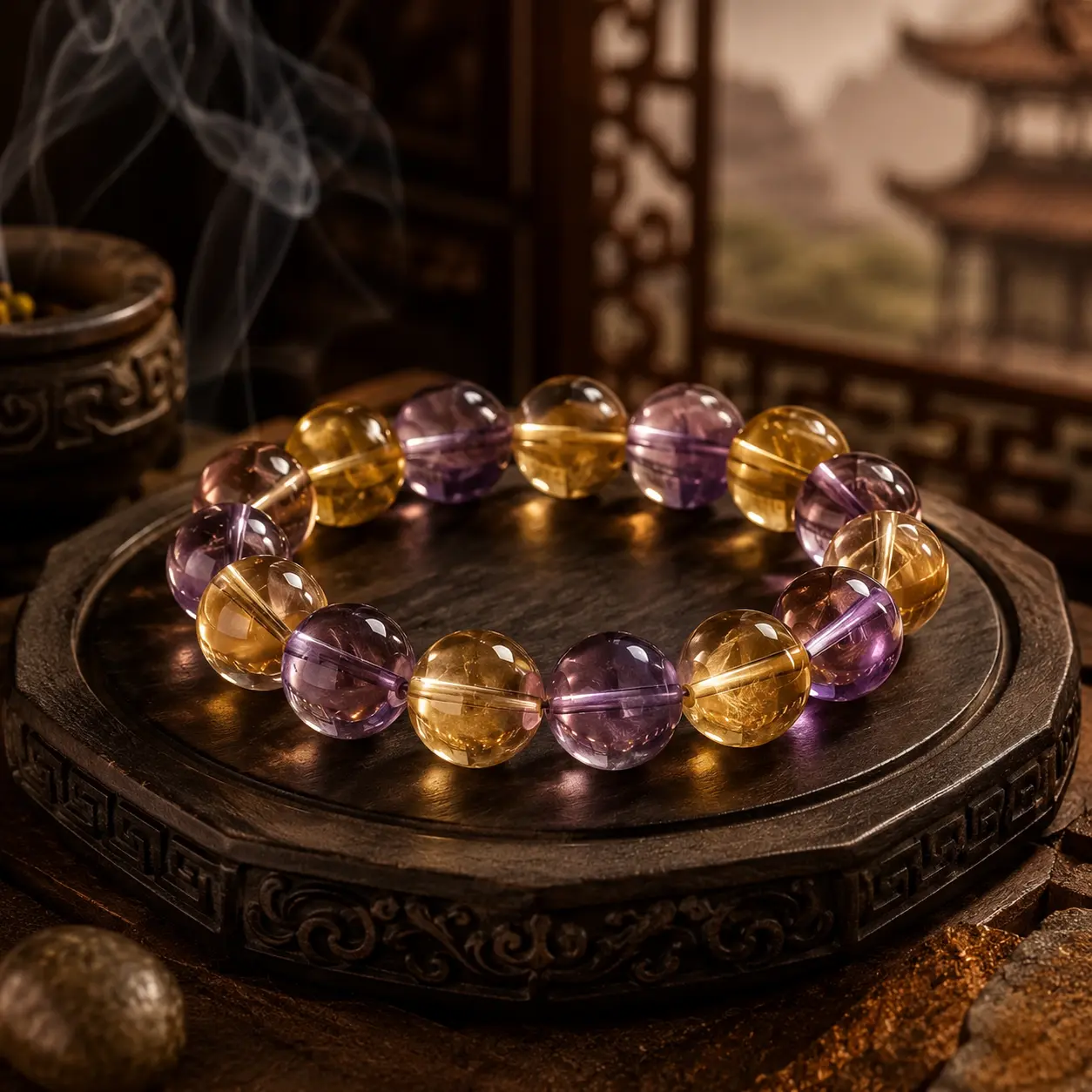 Beaded Strand Bracelet with Purple & Gold Crystals, Wudang Inspired Spiritual Jewelry for Calm Energy, Focus, and Balance, Crystal Gemstone Bracelet, Spirituality, Crafted, Adults