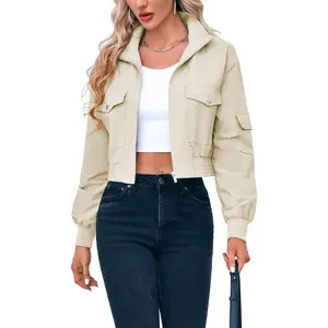 Women's Cropped Bomber Jackets Lightweight Zip Up Stand Collar Long Sleeve Short Jacket with Pockets Tops Casual