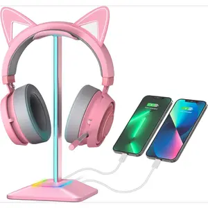 L-HPS017   RGB Headphone Stand with 1 USB-C Charging Port and 1 USB Charging Port, Desk Gaming Headset Stand with 7 Light Modes and Non-Slip Rubber Base Suitable for All Earphone Accessories (Pink)