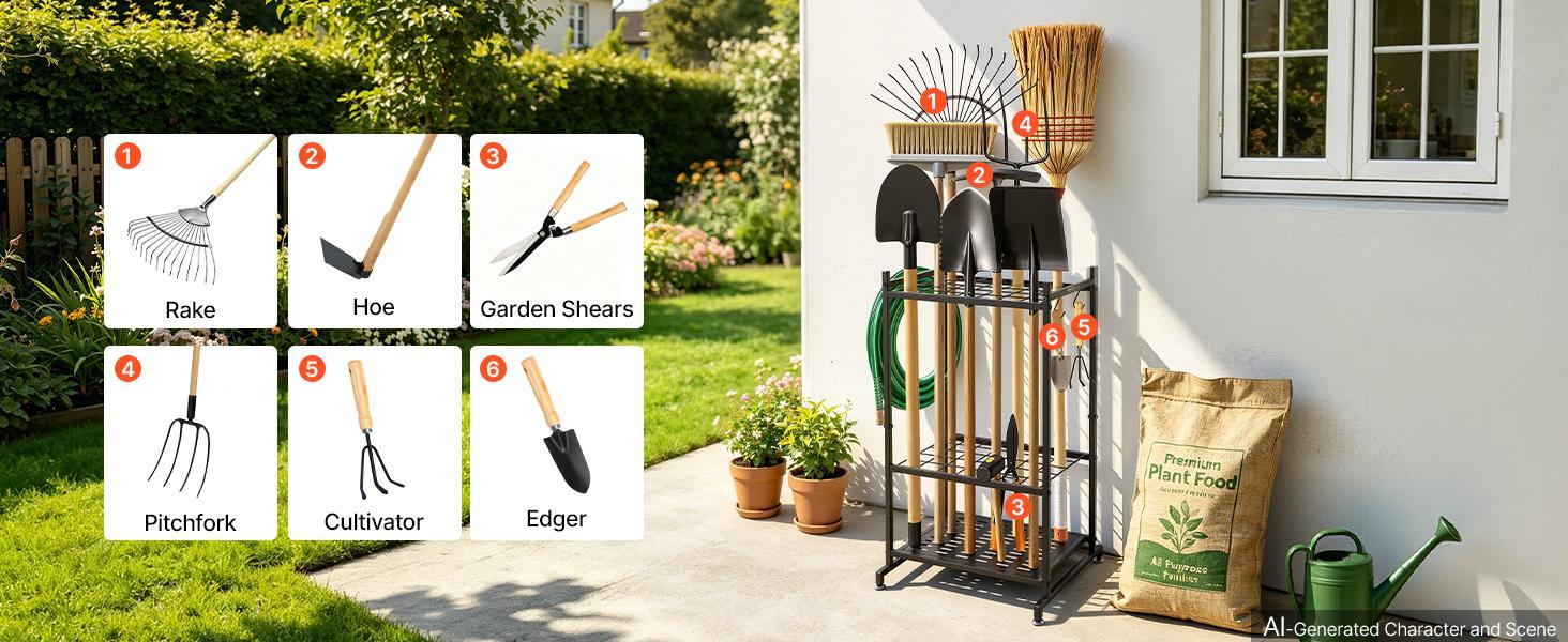 【BackToSchool】VEVOR Garden Tool Organizer, 35 Slots with Hooks, Metal Garage Storage Rack, for Rakes/Shovels/Brooms, Yard Utility Tool Holder for Shed/Outdoor/Lawn Organization, Heavy-Duty Steel, Freestanding,Black