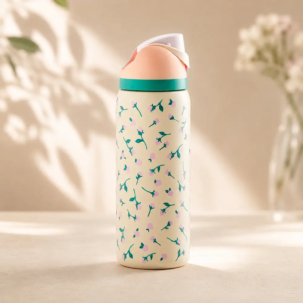 Owala Cute Pink Wildflower Insulated Water Bottle with Built-In Straw & Push-Button Lid – Cream Cottagecore Floral Stainless Steel Bottle for Women & Teens