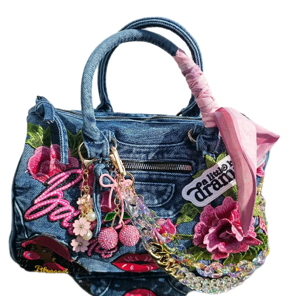 Blessed Baddie Embellished Denim Patchwork Crossbody Bag with Integrated Purse Organizer
