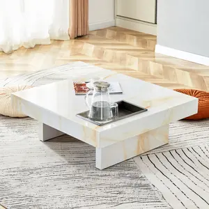 [Bellemave] 31.4" Square Imitation Marble Coffee Table with Built-In Tray| Low Accent Table for Living Room