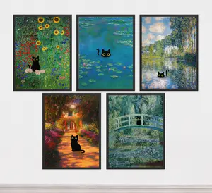 Cat wall paintings poster, Monet's paintings, retro wall decorations, funny cats, Monet's "Water Lilies" poster, for room decoration, bedroom, living room