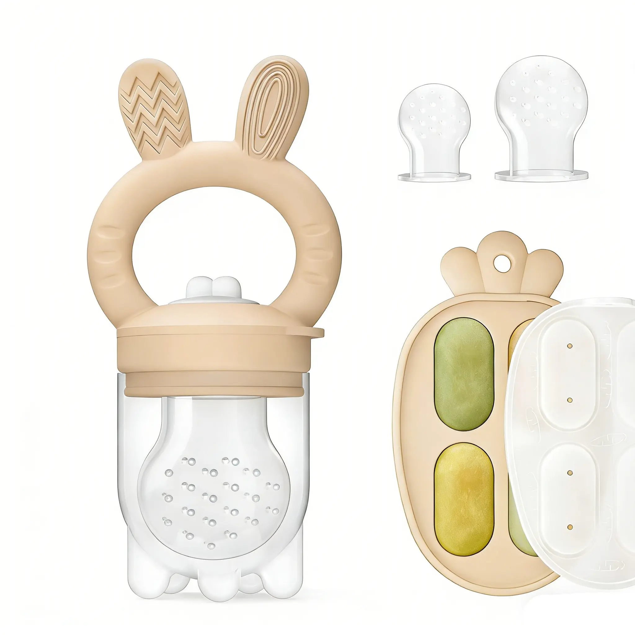 5pcs Newborn Baby Fruit feeder Vegetable Teether Toys Cute Rabbit Style Set with Breast Milk Food Freezer Carrot Mould, Includes M Size Teether and S Plus M Size Pacifier Bags Feeding Care