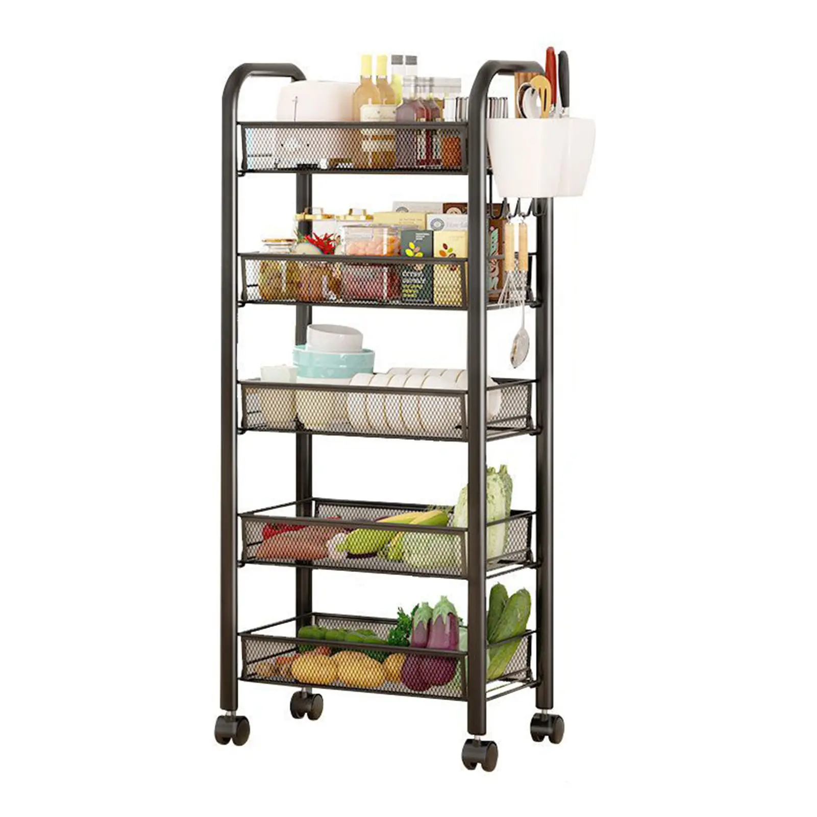 Fruit Vegetable Storage Basket, 5 Tier Stackable Metal Mesh Storage Basket with 360 Degree Wheels, Fruit Vegetable Produce Basket Storage Organizer for Kitchen, Pantry, Bathroom