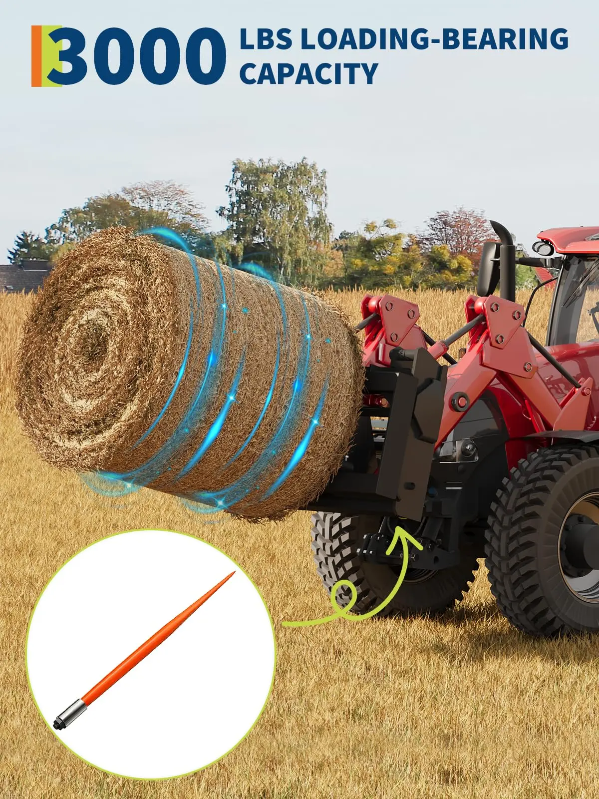 Garvee Heavy Duty 49" Hay Spear for Tractor Loader & Skid Steer – 4500 lbs Capacity – Quick Attach Square Bale Spear – Red Powder-Coated – Ideal Agricultural Equipment Attachment