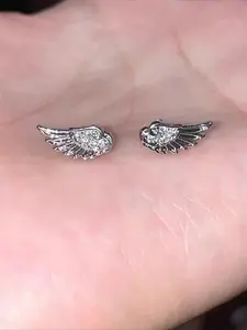 2 Pcs Trendy Unique Design Feather Wings Zircon Mini Earrings, Simple Personalized Women Party Daily Versatile Screw Back Secure Backing Ear Studs