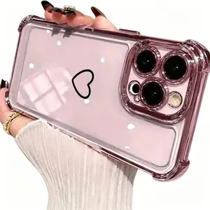 Heart Pattern Four Corner Anti-Fall Phone Case Transparent Electroplated Protective Cover for iPhone 17 Pro Max 16 Plus 15 14 13 12 11 E