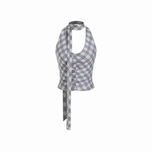 Cider Gingham V-Neck Ruched Halter Tank Top
