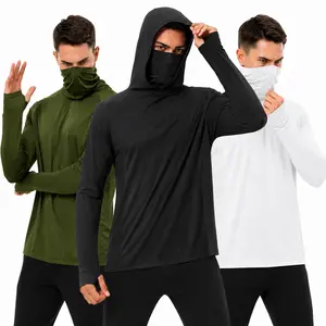 3-Piece Men's Hooded Long Sleeve Sweatshirt Set with Face Cover, Lightweight Breathable Sportswear for Outdoor Fitness, Fishing, Hiking and Activewear