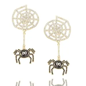 Creepin it Real Earrings - Trendy Crystal Spider Web Spider Halloween Statement Dangle Earrings