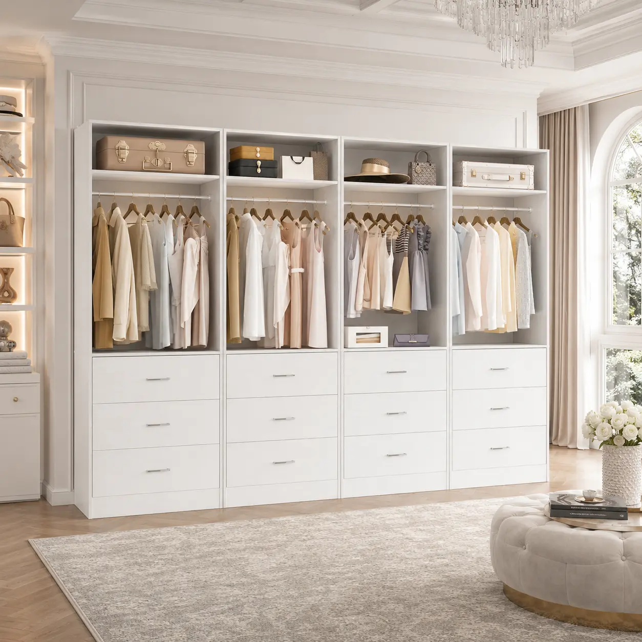 ISUNIRM White Freestanding 2FT (24") Closet Organizer System with Hanging Rod, MDF Wood Drawers&Shelf, 3 Drawers, Closet Storage, Above 25 kg Capacity, Assembly Required for Small Spaces