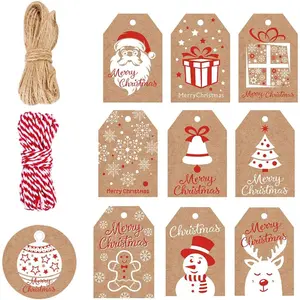 100 Pack Brown  Paper Christmas  Tags, Xmas Brown   Tags with Jute Twine Baker Twine for DIY Xmas Holiday Present Wrap  and Label Package Name Card