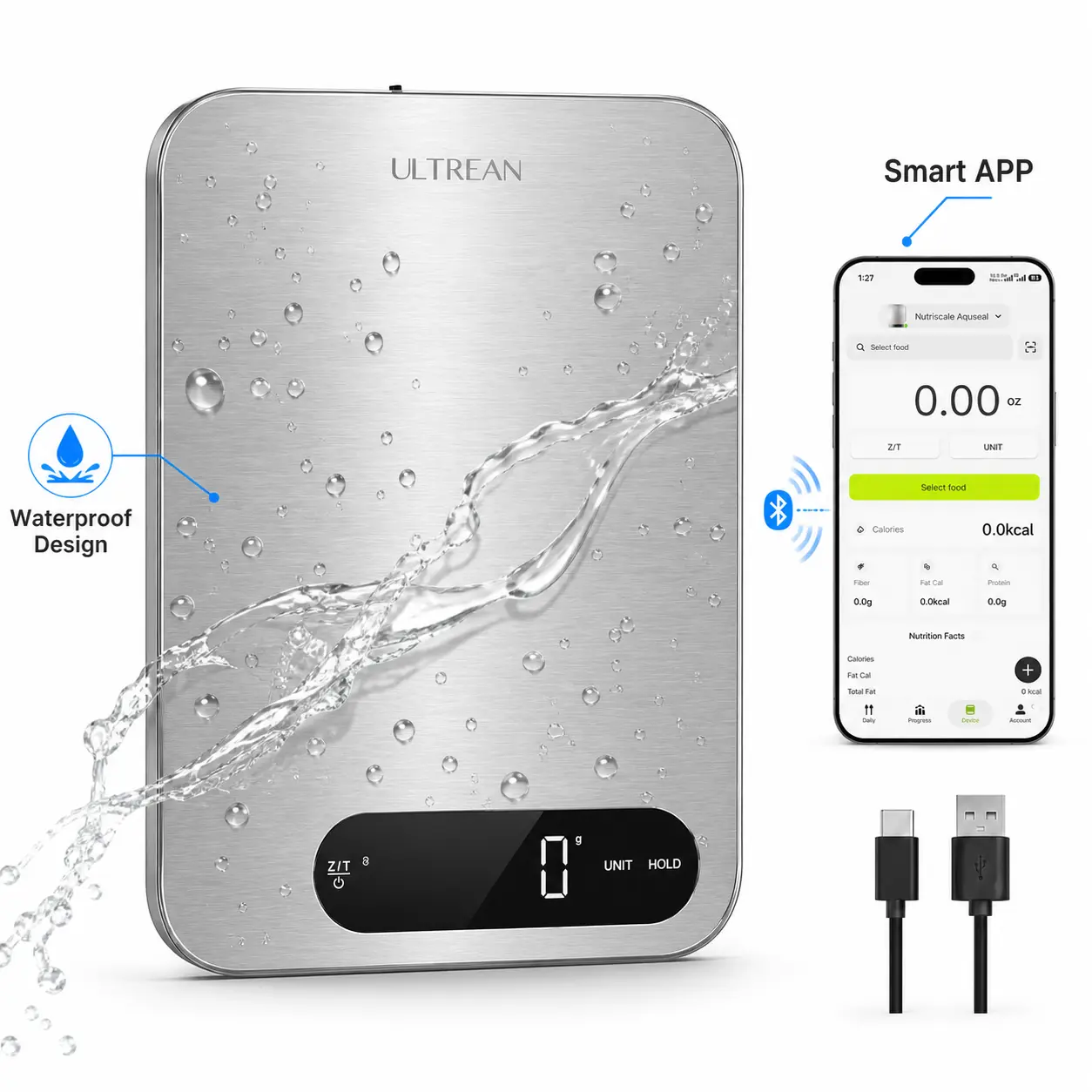Ultrean IPX7 Waterproof Food Scale, 33lb Rechargeable Kitchen Scale Digital Weight Grams and Ounces, Large Platform, 1g Precision, 304 Stainless Steel, LED Display for Cooking, Baking & Meal Prep