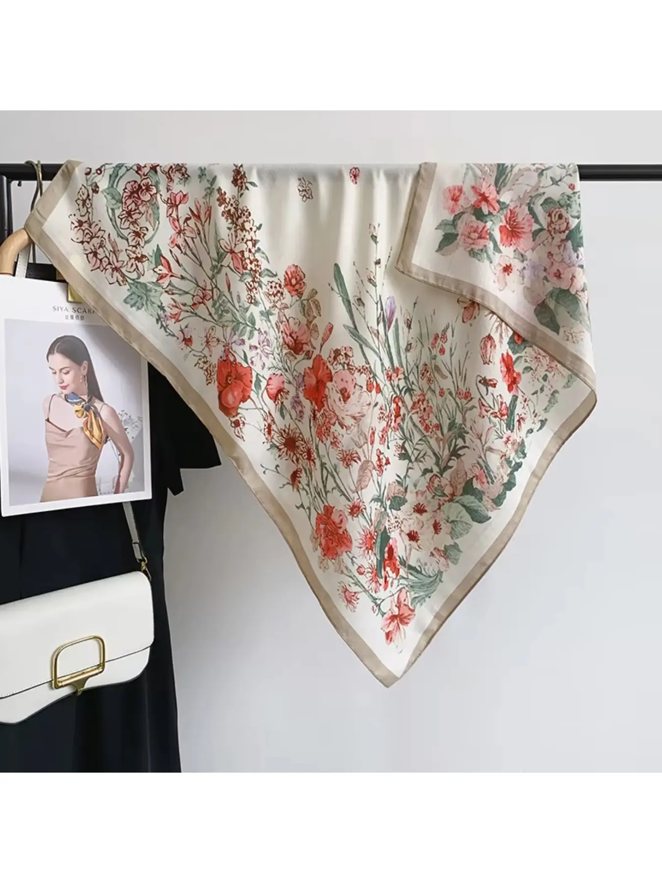 New square floral print scarf in fresh style, Japanese and Korean artistic fashion, elegant women's trendy travel photography shawl.